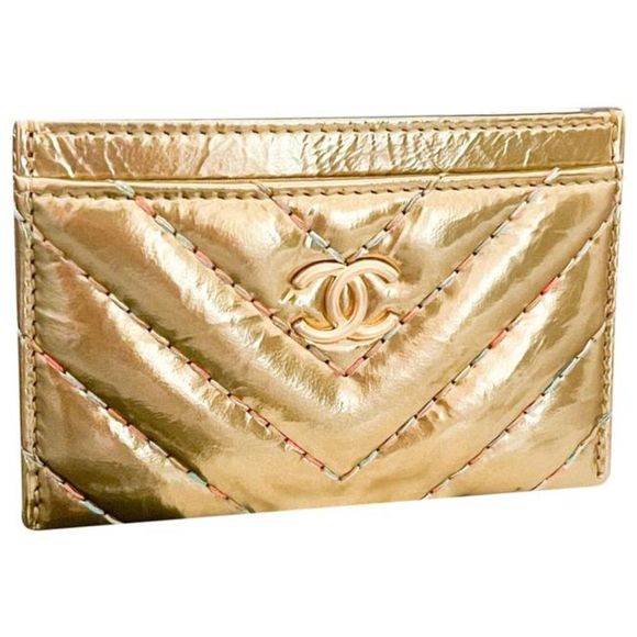 CHANEL 19A Gold Chevron Card Holder Case Zip Coin Purse 2019